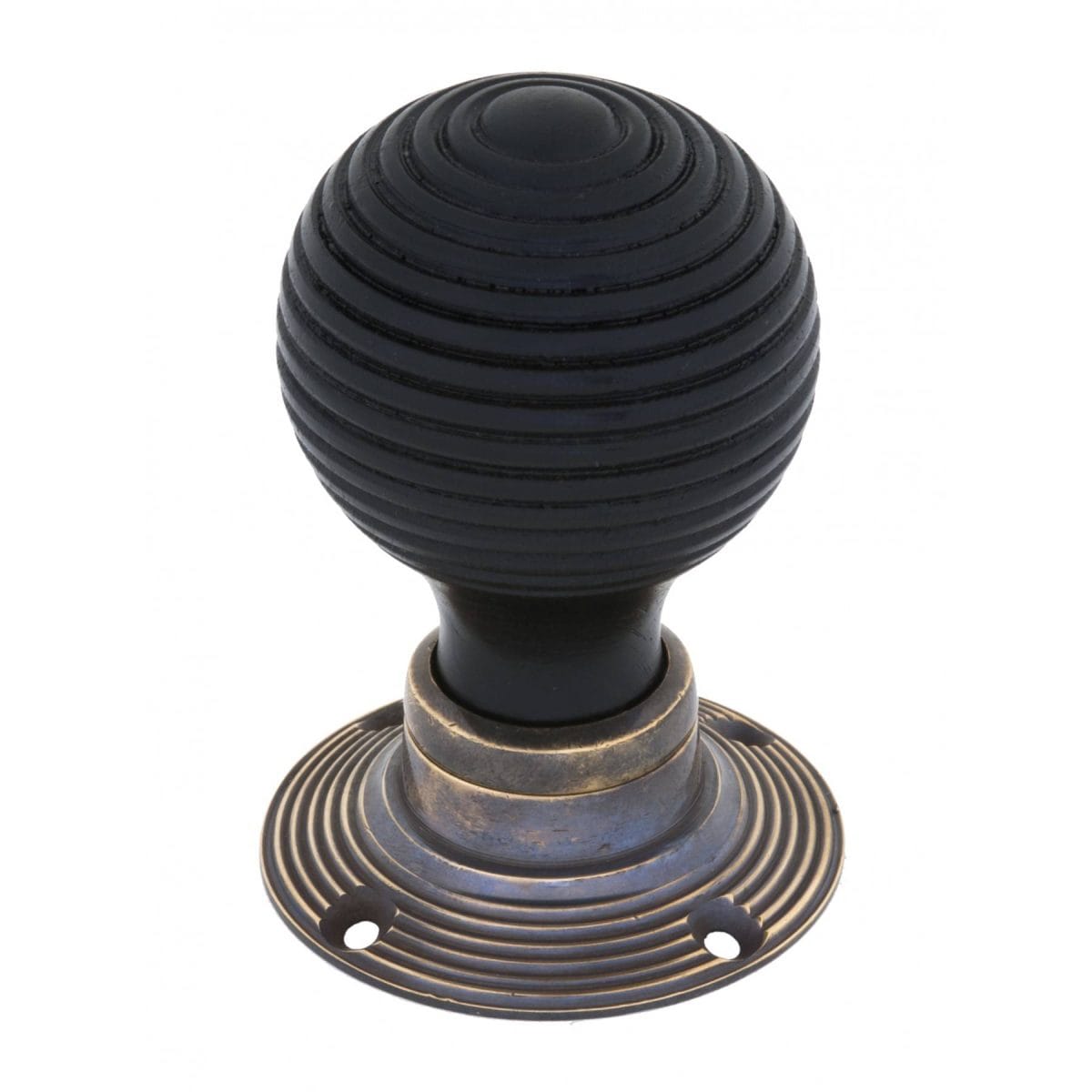 Ebony Mortice/Rim Beehive Knob Set - Antique Brass Roses - Image 2