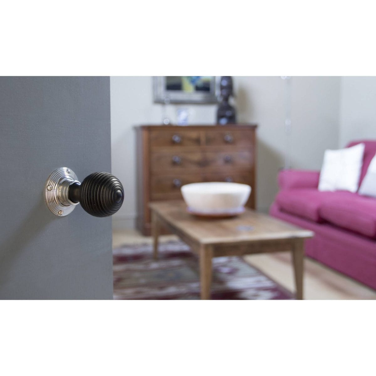Ebony Mortice/Rim Beehive Knob Set - Polished Nickel Roses - Image 2