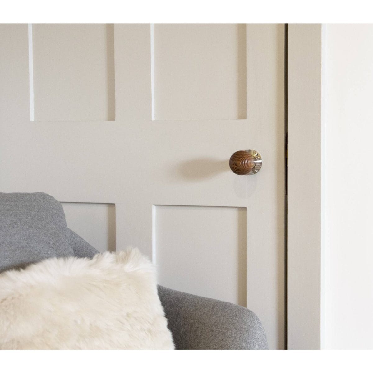 Rosewood Mortice Rim Beehive Knob Set – Polished Nickel Roses Front View Home Refresh 2020