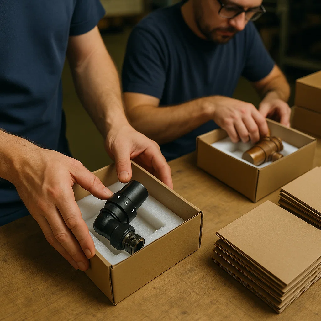 Radiator Valves being packed for delivery